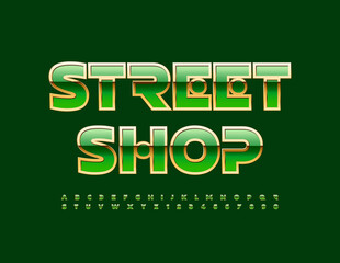 Vector luxury logo Street Shop. Green and Gold abstract Font. Shiny Alphabet Letters and Numbers set
