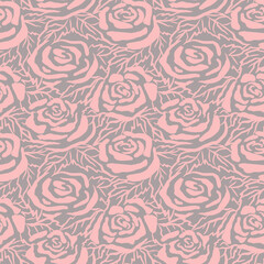 seamless pattern with pink rose buds on a gray background, abstract stylized flowers drawn by hand