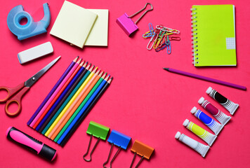 Fototapeta na wymiar Zenith view. School supplies, various accessories in full color.