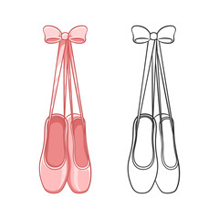 Hanging pink Pointe shoes clipart, ballet shoes tied up with a bow simple flat vector illustration. Ballerina, ballet dancer footwear equipment sign symbol. © Aletheia Shade