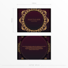 Luxurious preparation of postcards in burgundy color with vintage ornaments.