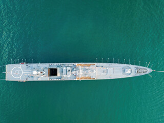 Russian military ship in Sevastopol bay at Navy day, top view
