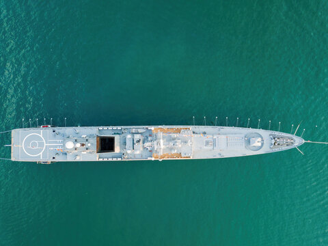 Russian military ship in Sevastopol bay at Navy day, top view