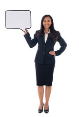full length of mixed race asian/caucasian business woman holding white board with copy space for text, isolated over white background