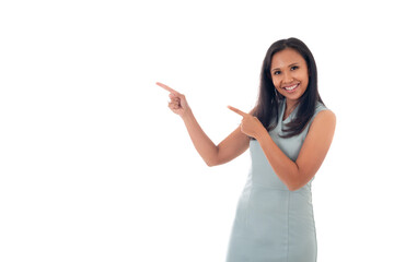 smiling mixed race asian/caucasian woman pointing with two hands and fingers to the side ,isolated over white background with copyspace for text