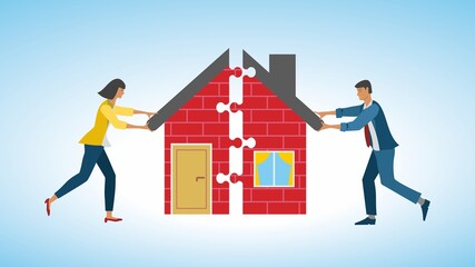 Couple with house in shape of puzzle, jigsaw pieces. Vector illustration. Dimension 16:9. EPS10.