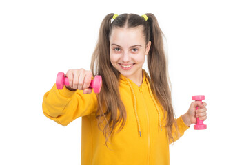 happy strong child training with barbells isolated on white, exercise