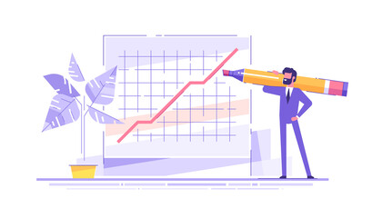 Handsome businessman stands near huge graphic of growth conpany's idicators with big marker on his shoulder. Business analysis and planning, increase profits, business growth. Vector.