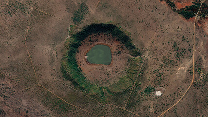 Tswaing Meteorite Crater looking down aerial view from above, bird’s eye view Tswaing Crater,...