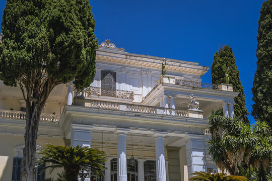 Corfu, Greece - June 16,2021: Achilleion Palace, also called Sissi Palace on Greek island of Corfu