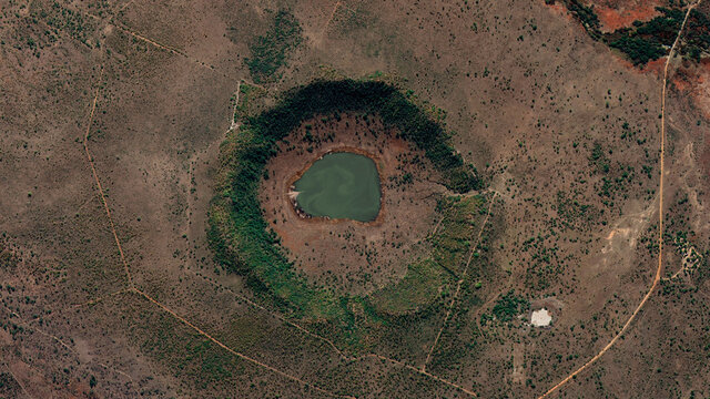 Tswaing Meteorite Crater looking down aerial view from above, bird’s eye view Tswaing Crater, Soshanguve, South Africa