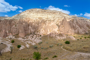 Panorama of unique geological formations in Cappadocia, Turkey. Cappadocian Region with its valley, canyon, hills located between the volcanic mountains Erciyes, Melendiz and Hasan