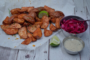 Air fried potato wedges served with dill sauce and pickled onion