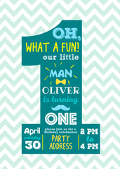 Our little man is turning one, birthday party vector invitation card