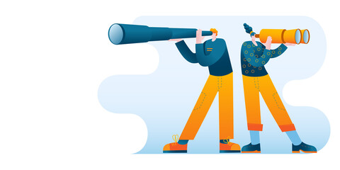 A young man and a girl in casual clothes look through binoculars and a telescope. Vector illustration on the topic of finding new ideas or strategic planning. A horizontal banner.