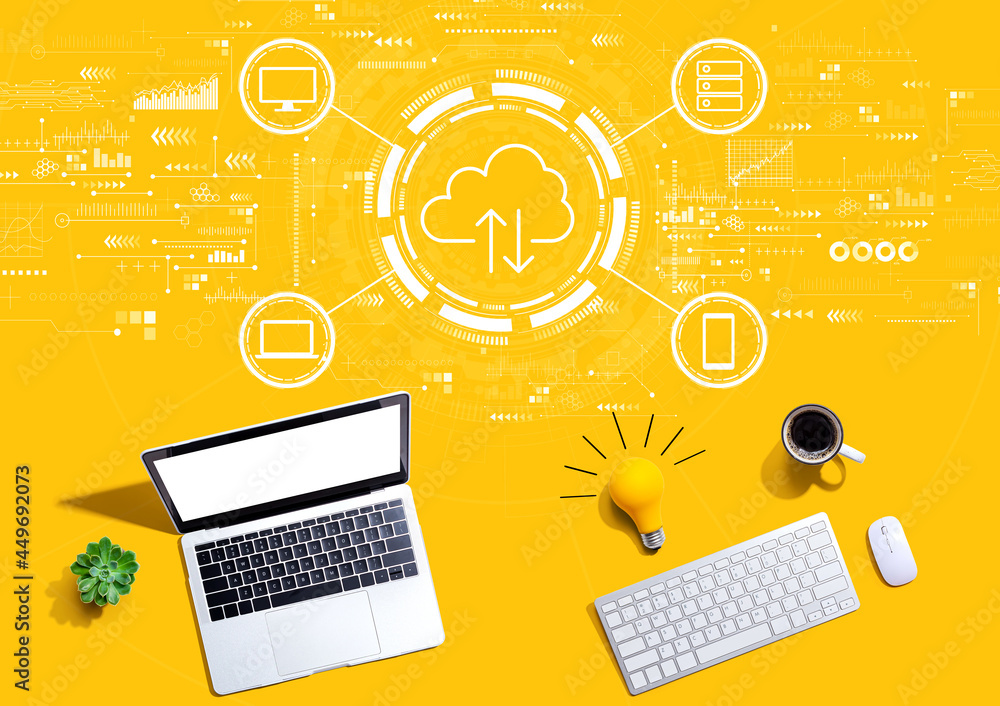 Poster cloud computing with computers with a light bulb