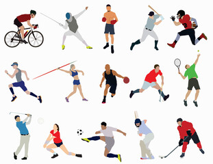 set of sports persons, collection of athletes playing their sports - obrazy, fototapety, plakaty