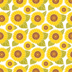 Pattern of sunflower and leaves on a white background. Ornament of autumn harvest. Seamless vector illustration flat style.