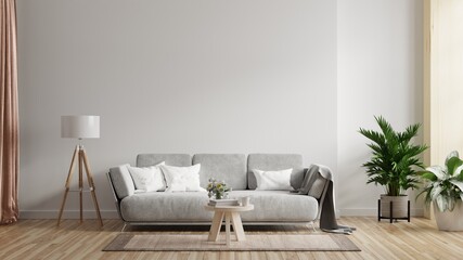 Living room interior wall mockup with sofa with decor on white background.