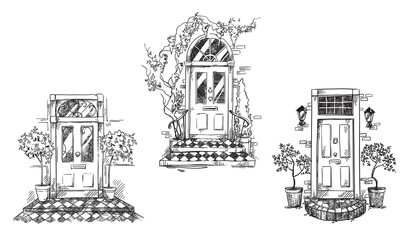 English traditional entrance doors with flower pots and lanterns, vector sketch - 449692455
