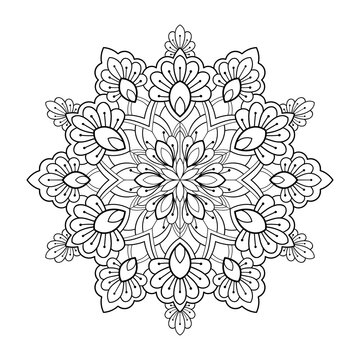Decorative mandala with henna elements on a white isolated background. For coloring book pages.