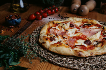 pizza on a wooden table napoletana pizzeria meal table