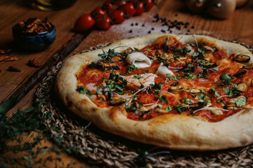 Frutti di Mare pizza on a wooden table napoletana pizzeria meal table