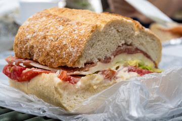 Sandwich stuffed with sausage and vegetables. Picnic concept. 