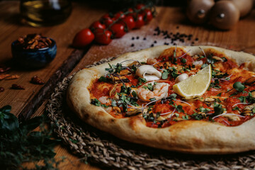 Frutti di Mare pizza on a wooden table napoletana pizzeria meal table
