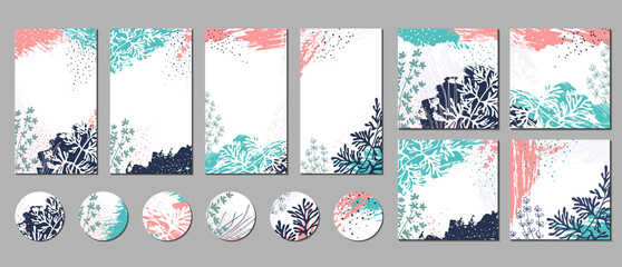 Trendy creative templates for social media posts, stories, banners, branding design, covers. Vector botanical backgrounds with paint textures, graphic elements, plants, leaves. Modern floral set. 