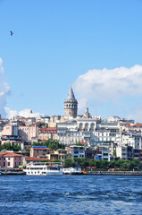 Fototapeta na wymiar Panoramic views of the Galata Tower, residential buildings and the Bosphorus. July 11, 2021, Istanbul, Turkey. Summer day in Istanbul.