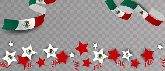 Caption: Mexican Independence Day, September 16. Vector illustration, fireworks balloons and ribbons with mexico flag. Realistic vector.