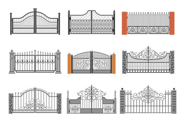 Set of ornamental forged gates vector flat illustration decorative curved metallic railing - obrazy, fototapety, plakaty