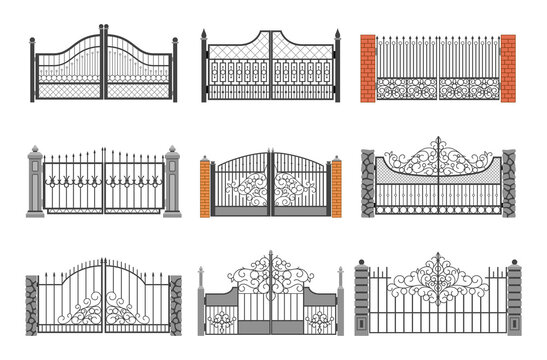 Set of ornamental forged gates vector flat illustration decorative curved metallic railing