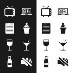 Set Speaker, Notebook, Television tv, Medical clinical record, Wine glass and Martini icon. Vector