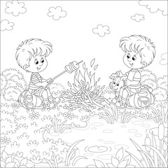 Little boy-scouts with a small pup in a forest camp, friendly smiling, talking and roasting bread on campfire, on summer vacation, black and white outline vector cartoon illustration