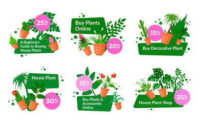Set houseplant buying discount banner vector flat illustration promo advertising of plant sale