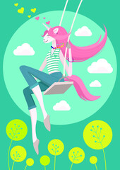 A unicorn girl on the swing