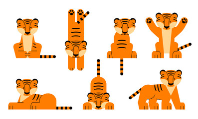 Tigers in a cartoon style. A vector set on an isolated background. A symbol of the New Year. Illustrations of children's clothing, posters and stickers.