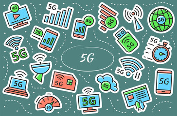 5G related stickers set. New mobile network, high speed connection. Simple vector infographic.