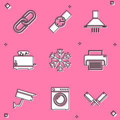 Set Chain link, Wrist watch, Kitchen extractor fan, Toaster with toasts, Snowflake and Printer icon. Vector