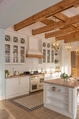 modern expensive luxurious open-plan apartment. Rich Scandinavian-style interior with wooden beams...