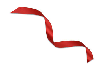 Clipping path. Top view(Flat lay) of Red ribbon rolled shiny isolated on white background view. Ribbon wave. decoration object.