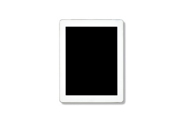 Clipping Path. Top view(Flat lay) of Tablet modern White with touch screen black Empty(Mockup) isolated on white view. Technology view on close up. Flat lay design. Business office view.