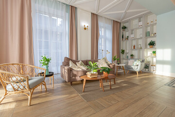 modern expensive luxurious open-plan apartment. Rich Scandinavian-style interior with wooden beams on the ceiling in pastel colors
