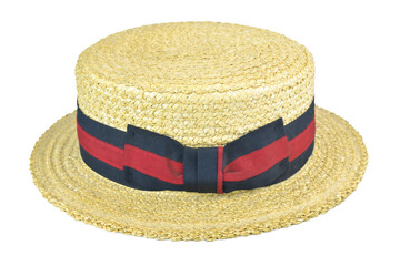 Clipping path. Cloase up of Boater hat isolated on white background view. Straw hat. Vintage hat. Classic hat.