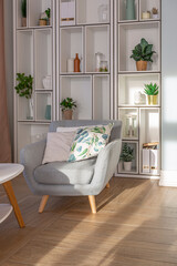 modern expensive luxurious open-plan apartment. Rich Scandinavian-style interior with wooden beams on the ceiling in pastel colors