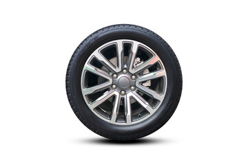 Clipping path. Silver Wheel super car isolated on white background view. Magneto Wheels. Movement. Move car. Closeup. Top view. Flat lay view. Alloy Wheel.