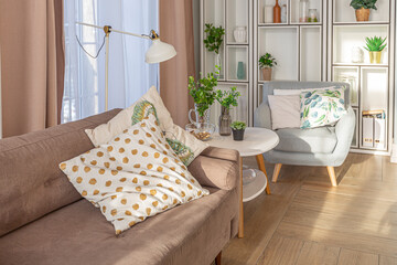 modern expensive luxurious open-plan apartment. Rich Scandinavian-style interior with wooden beams on the ceiling in pastel colors