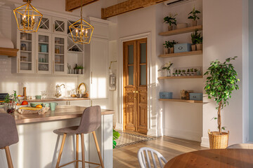 modern expensive luxurious open-plan apartment. Rich Scandinavian-style interior with wooden beams on the ceiling in pastel colors